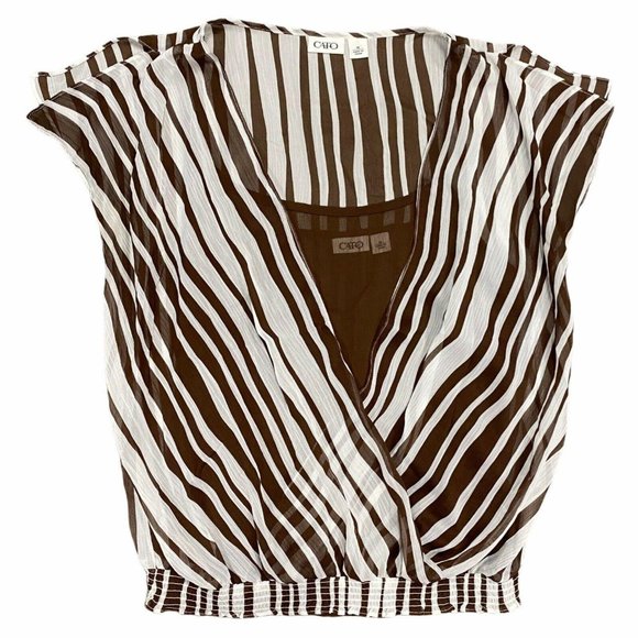 Cato M Chiffon Blouse Semi-Sheer Brown White Striped Cami Elastic Waist Flutter - Picture 1 of 7